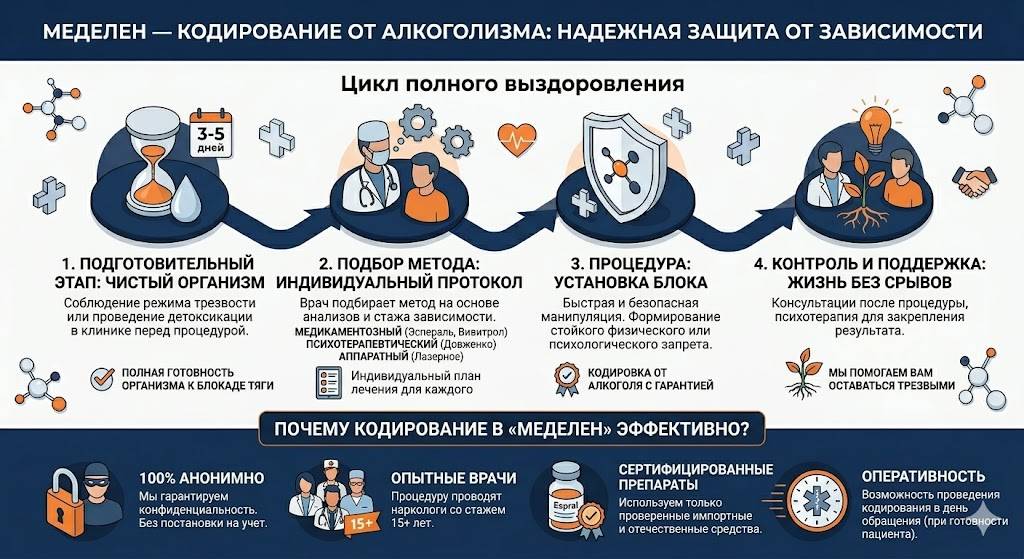 Инфографика на тему кодирования от алкоголизма Инфографика на тему профессионального кодирование от алкоголизма в МедЭлен в голубых тонах